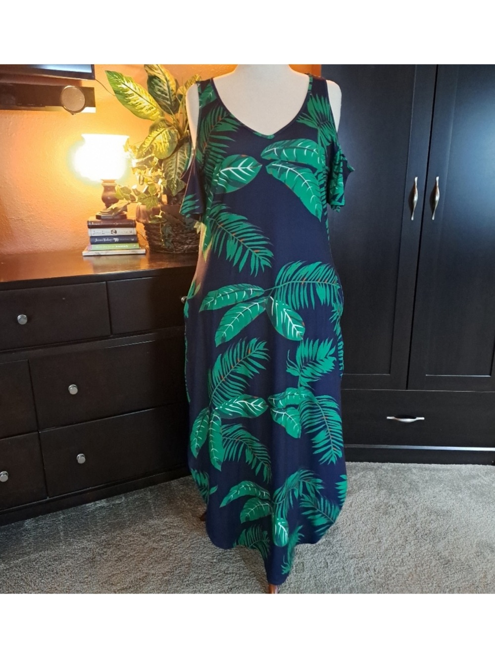Huskary Navy Green Palm/Banana Leaf Maxi Dress